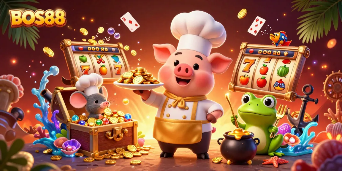 Permainan seru di BOS88, dengan pig chef menyajikan koin emas dan elemen slot yang menarik.
