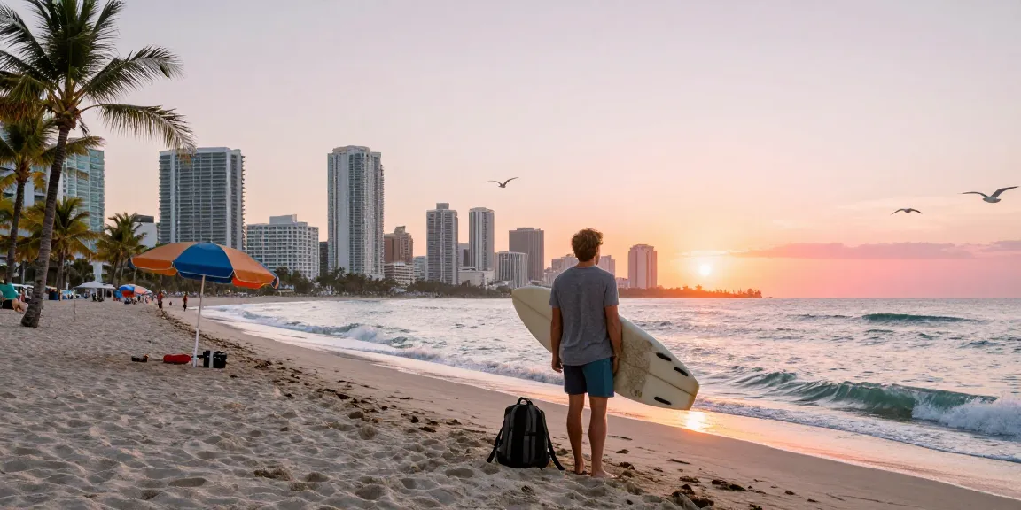 Traveler bersiap untuk berselancar di pantai Miami, https://miami4d.com/ dengan latar belakang matahari terbit yang indah.