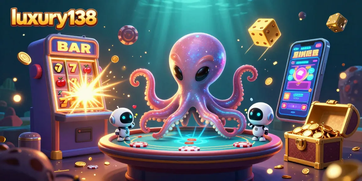 Engage with luxury138's vibrant games featuring a colorful alien octopus and lively casino elements.