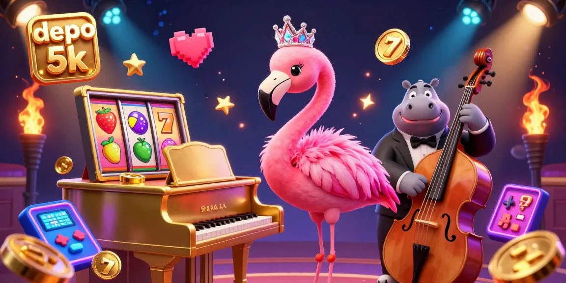 Engage in thrilling gameplay with depo 5k featuring a vibrant casino scene of a flamboyant flamingo singer and a stylish hippo bassist.