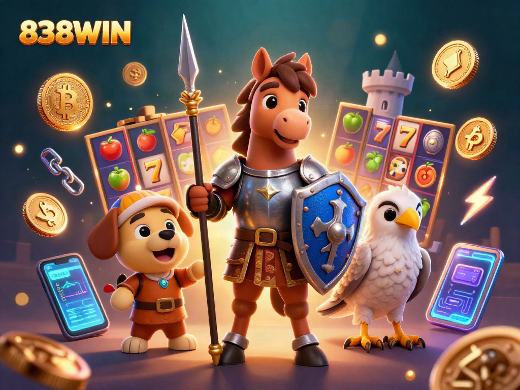 Engage in thrilling gameplay with 838WIN amidst vibrant slot reels and cryptocurrency elements.
