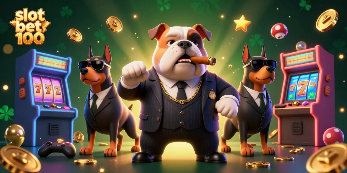 Win with slot bet 100 in a vibrant casino scene featuring a mafia bulldog and dynamic game elements.