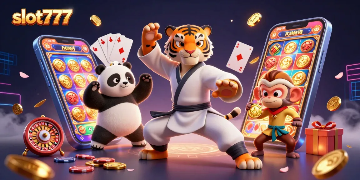 Engage with slot777 by enjoying a dynamic casino scene featuring a kung fu tiger and gaming action.
