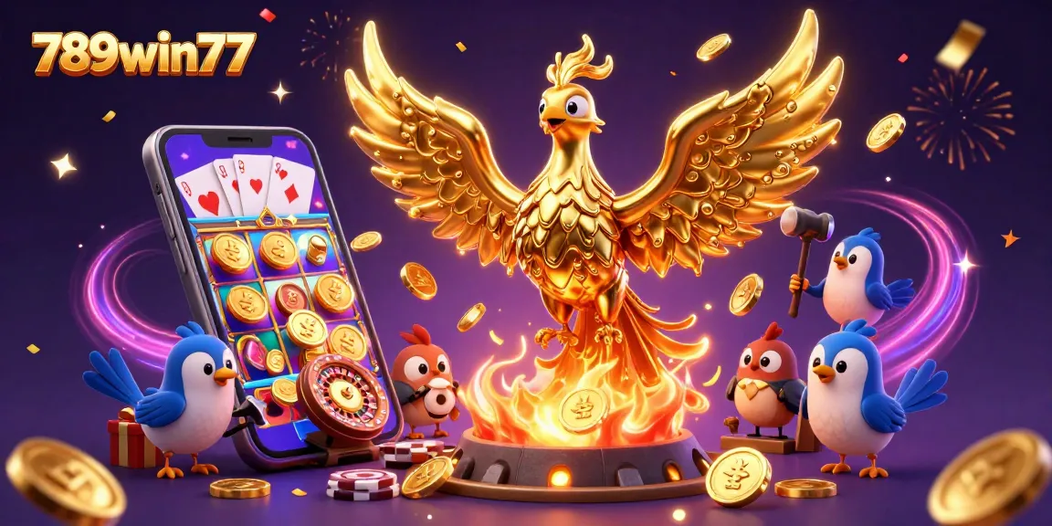 Experience excitement with 789win77 as the golden phoenix emerges in a vibrant 3D casino scene.