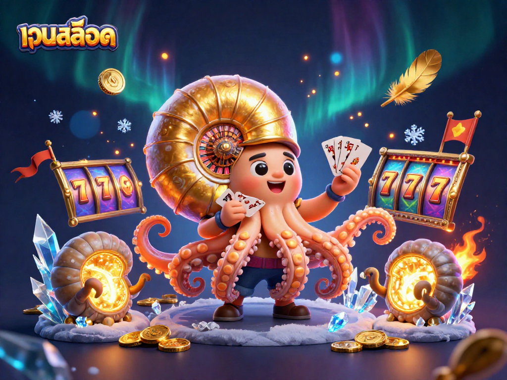 Engage with เว็บสล็อต in an exciting scene featuring a giant nautilus roulette and glowing ammonite companions.