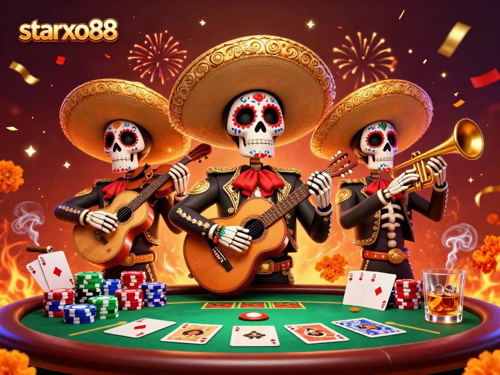 Experience the excitement with starxo88 as Dia de los Muertos mariachi skeletons celebrate at a vibrant poker scene.