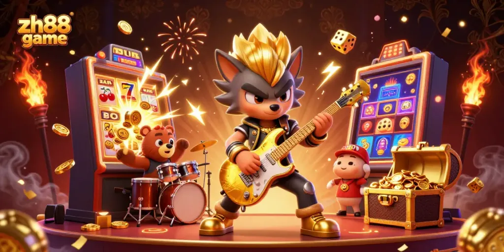 Experience the thrilling zh88 game with a rock star wolf and drummer bear amidst vibrant casino elements.