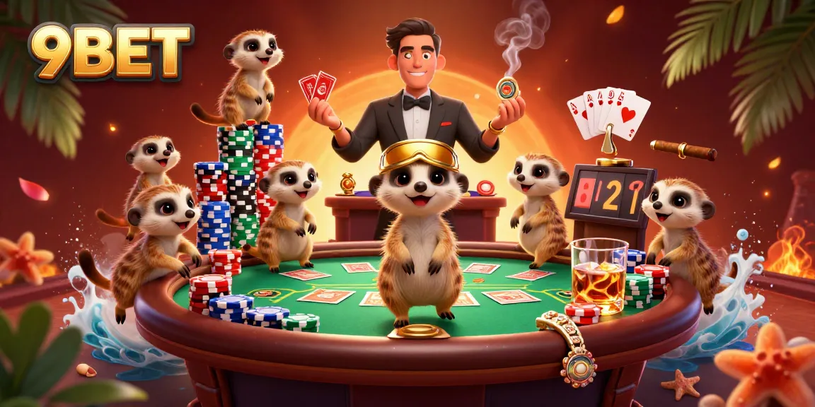 Experience 9BET thrills with lively meerkats running a vibrant casino scene packed with poker action.