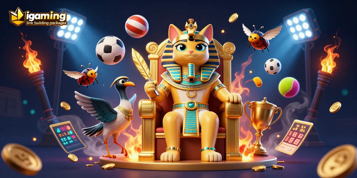 Engage with exciting igaming link building packages featuring a vibrant 3D illustration of a pharaoh cat and sports elements.