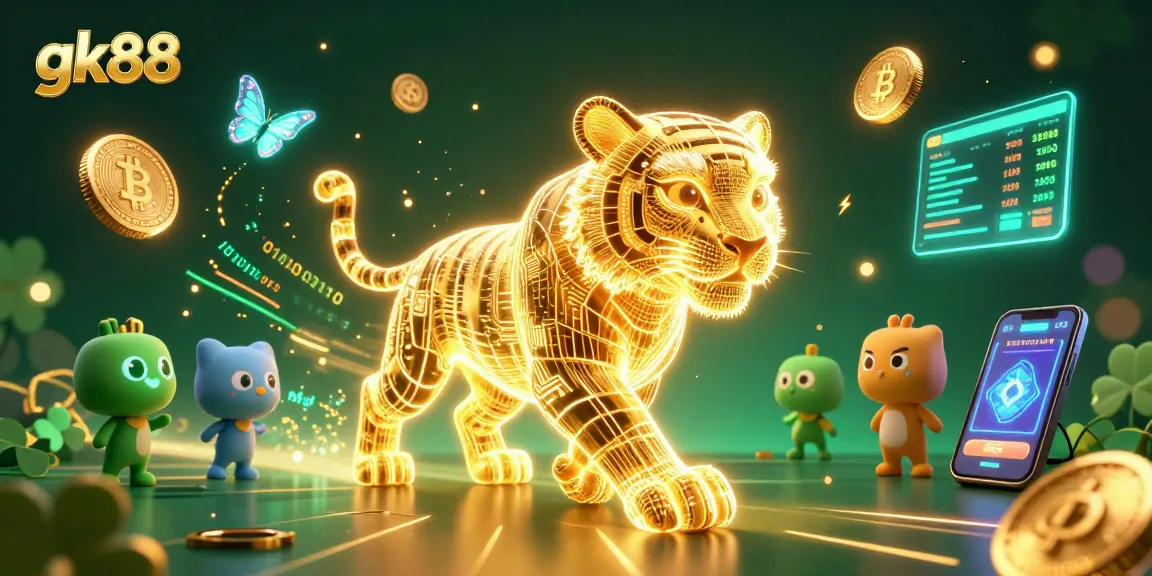 Experience excitement at gk88 with a neon tiger amidst crypto coins and live casino elements.