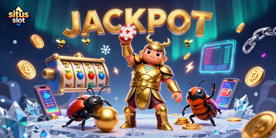 Gapai kemenangan di situs slot dengan bug hercules dalam armor emas yang mengangkat chip poker dan simbol jackpot terbang.