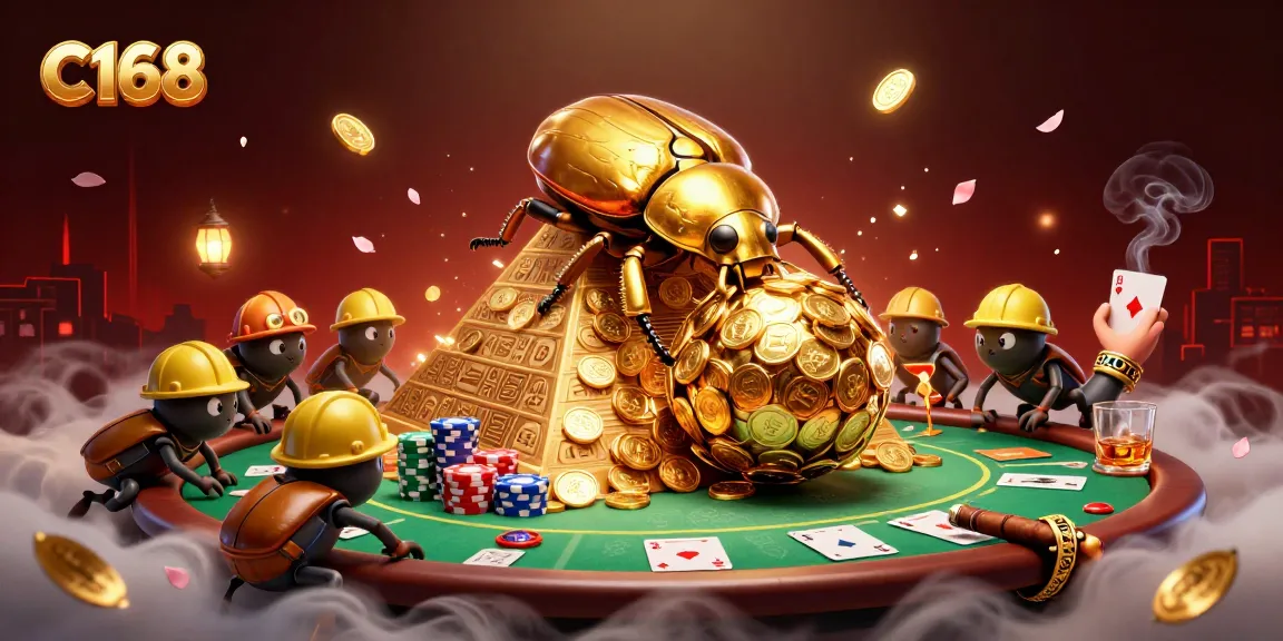 Engage with the C168 gaming experience, where golden coins and poker chips create a vibrant casino atmosphere.