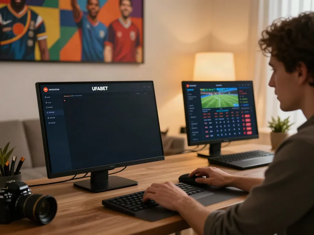 Engaging moment of a user interacting with UFABET online betting platform on a laptop.