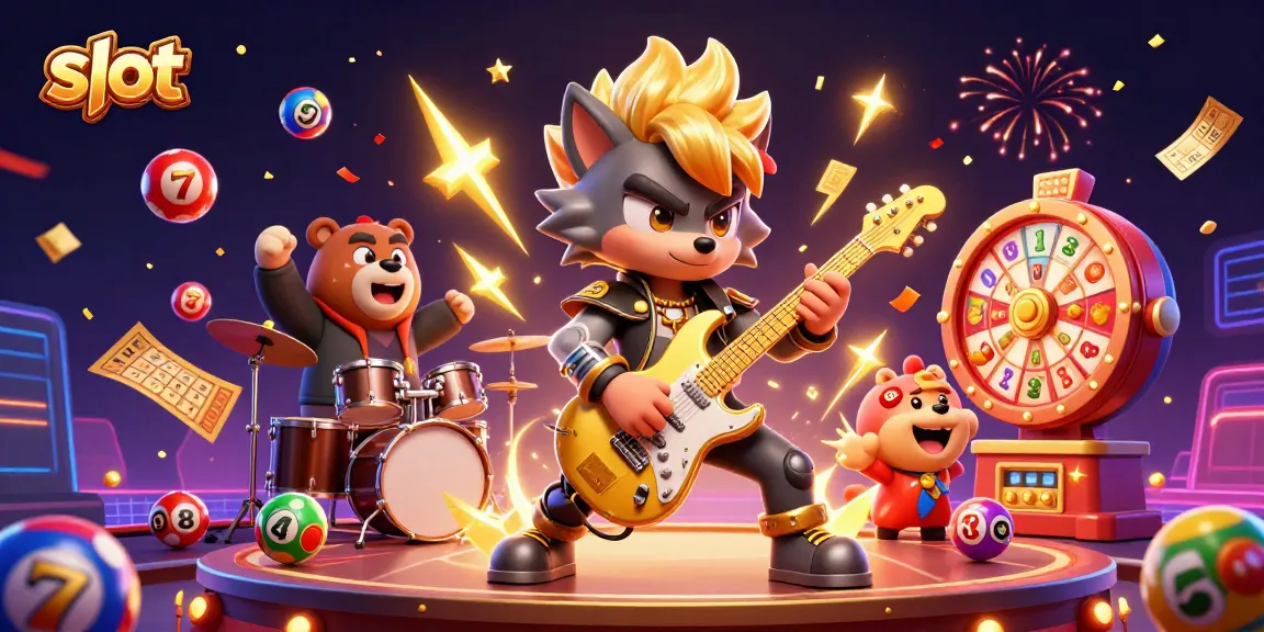 Slot game celebration with a cartoon wolf guitarist and bear drummer amidst vibrant casino elements.
