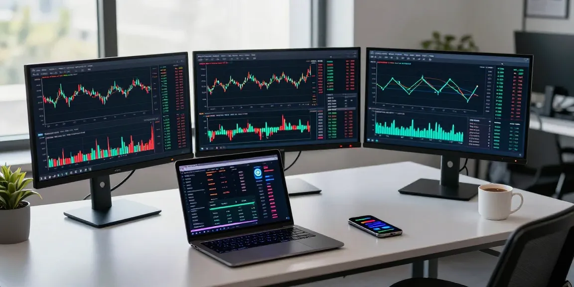 Playexch247 cryptocurrency trading scene with monitors showing live market data and a sleek digital wallet setup.