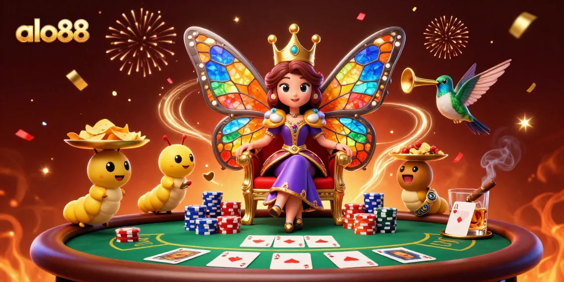 Alo88 offers exciting casino fun with a vibrant butterfly queen and engaging poker gameplay.