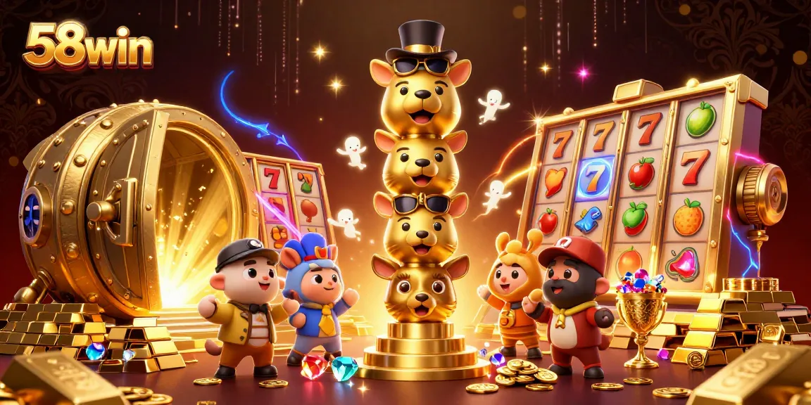 Join the excitement with 58win as the golden totem pole and slot reels burst forth in a rich casino scene.