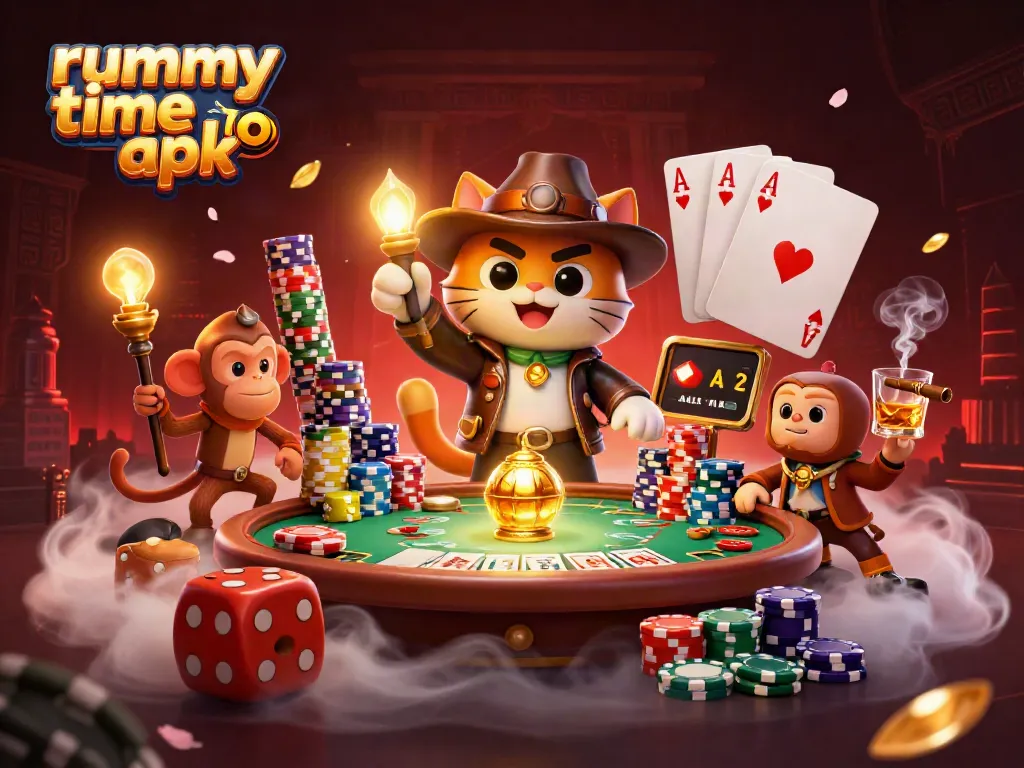 Experience the thrill of rummy time apk with a vibrant 3D casino scene featuring an explorer cat and poker elements.