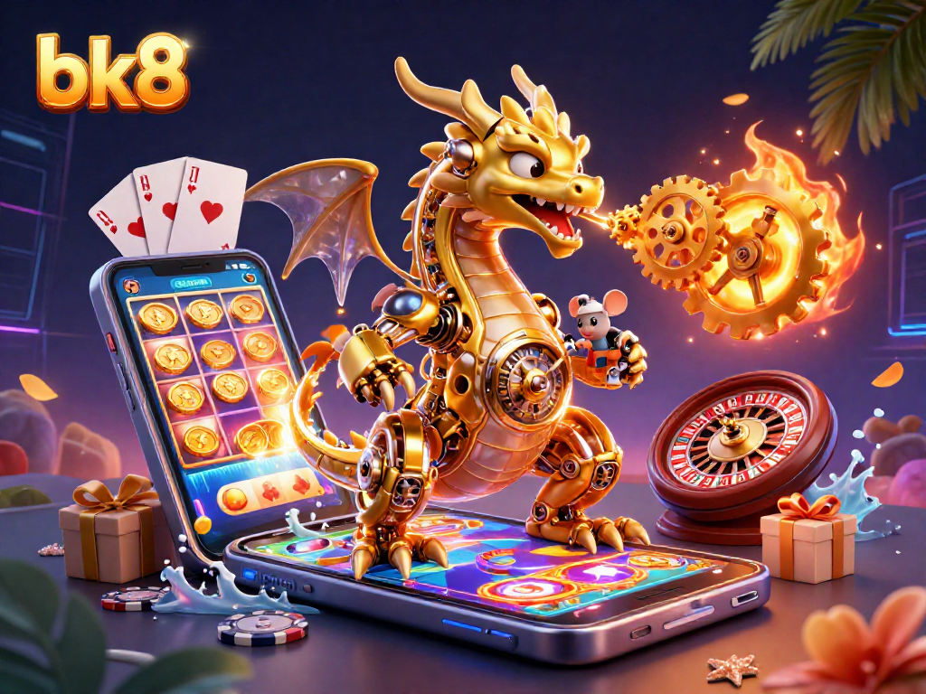 Experience thrilling gameplay with bk8's vibrant slot games in a rich 3D casino scene.
