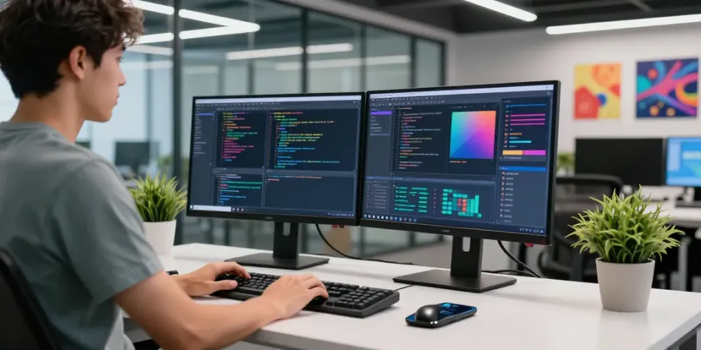 Ruang kerja pengembangan perangkat lunak dengan diana4d dan perangkat modern.