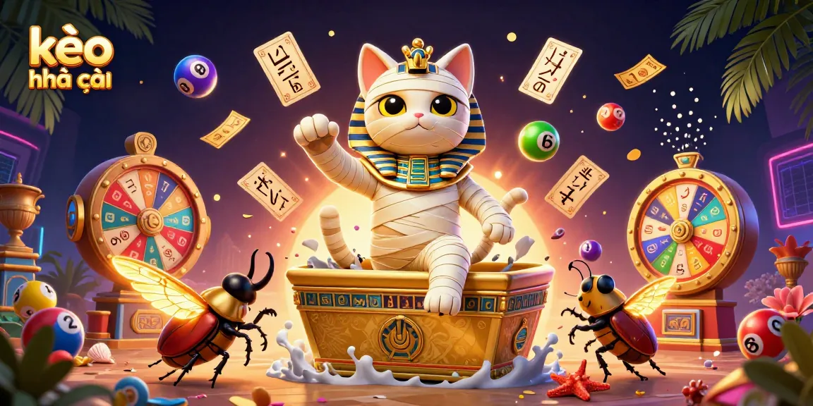 Engage with kèo nhà cái in a vibrant 3D casino scene featuring an Egyptian mummy cat, gold details, and dynamic lottery elements.