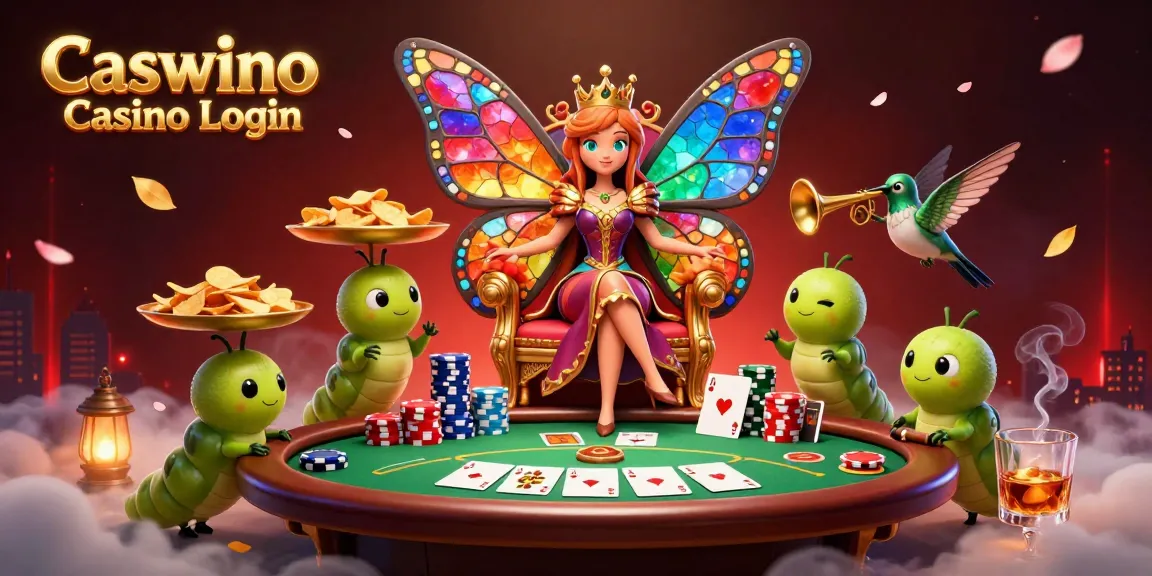 Experience the magic of Caswino Casino Login and vibrant gaming with a cartoon butterfly queen and poker elements.