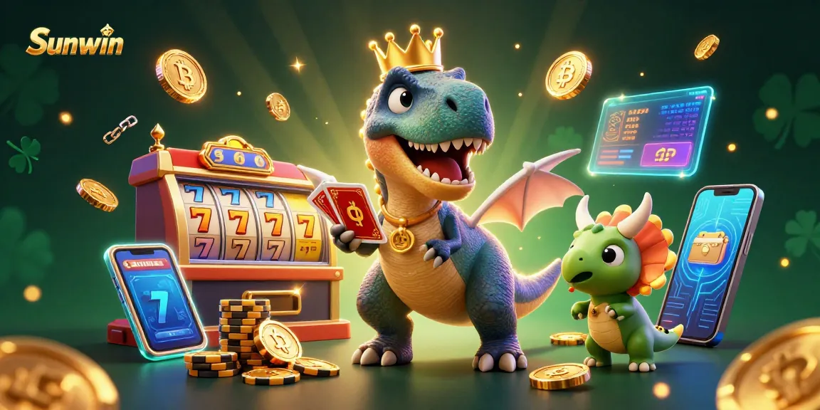Sunwin enhances casino excitement with a friendly T-Rex and vibrant bonus elements.