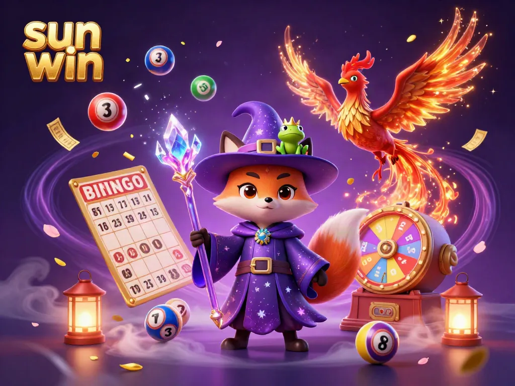 Engage with the vibrant sun win scene featuring a wizard fox, phoenix, and magical lottery elements.