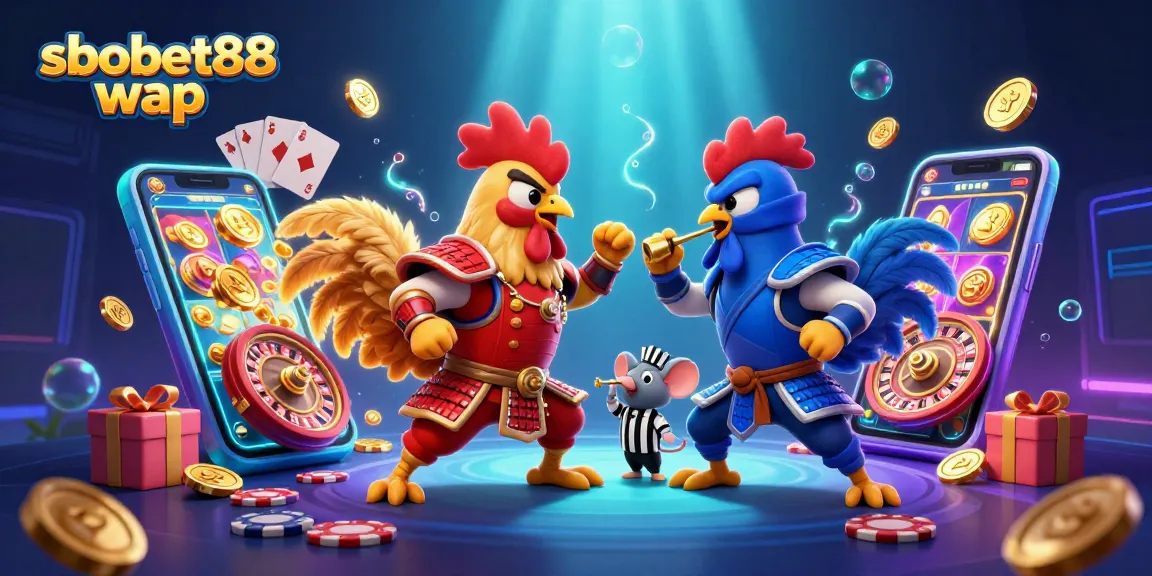 Place bets on sbobet88 wap with dynamic casino elements featuring fighting roosters and vibrant gaming graphics.