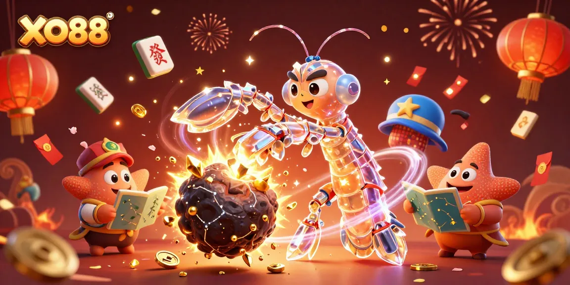 Win big at XO88 with a 3D scene featuring a galactic mantis shrimp amidst vibrant casino elements.