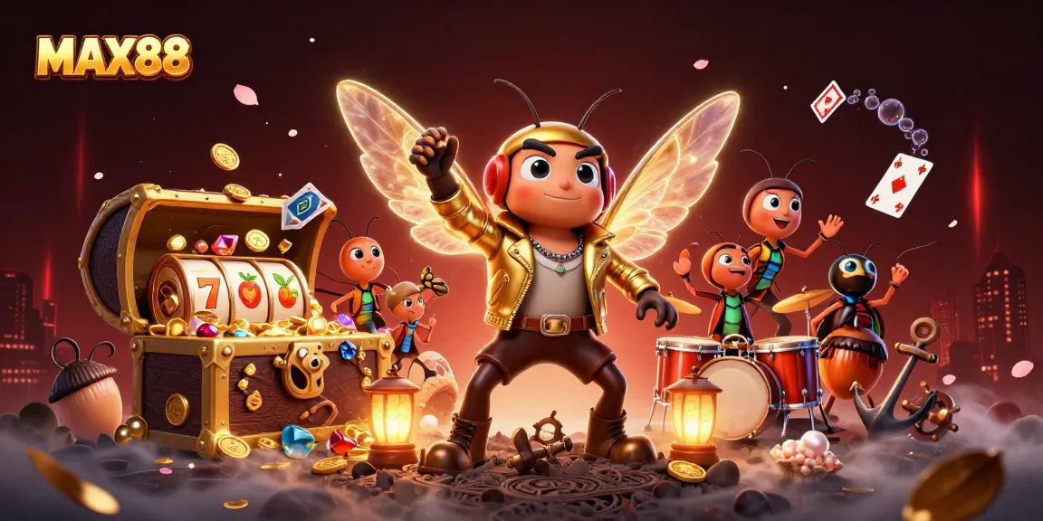 MAX88 casino illustration with rock star cicada, vibrant games, and gold treasures.