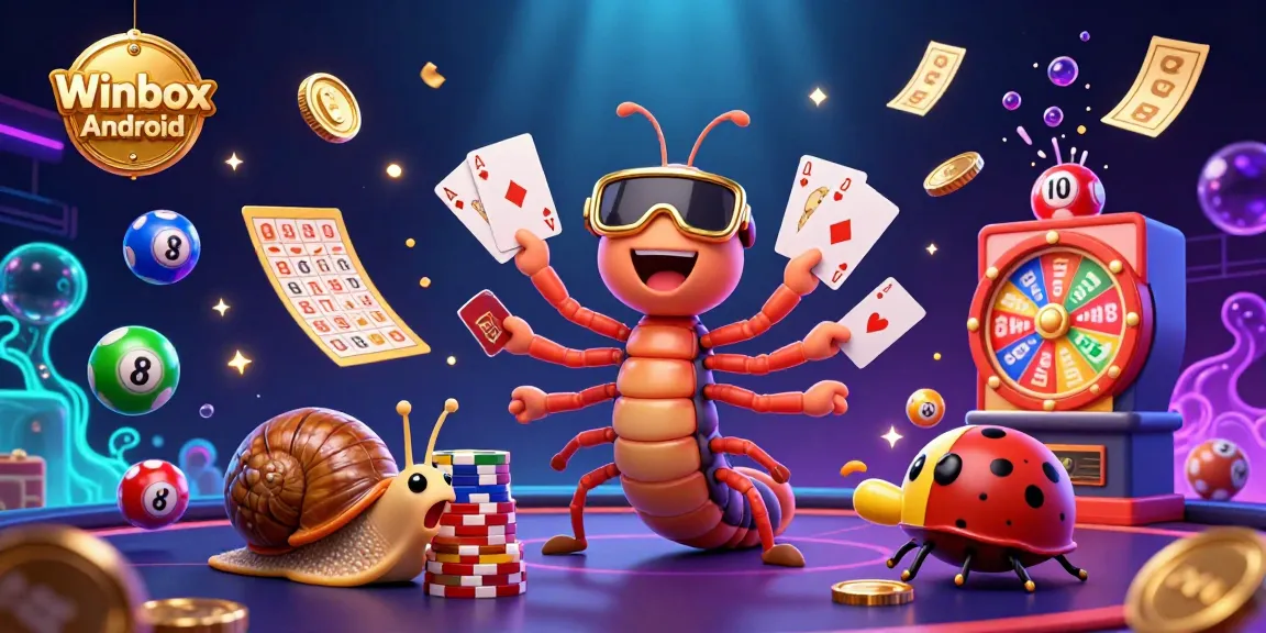 Experience fun and excitement with the Winbox Android app illustrated through vibrant casino characters and elements.
