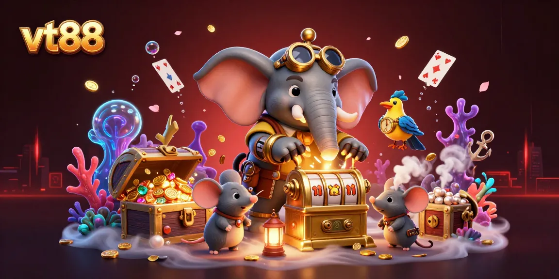 Spin the golden slot machine with vt88's steampunk elephant engineer in a colorful casino adventure.
