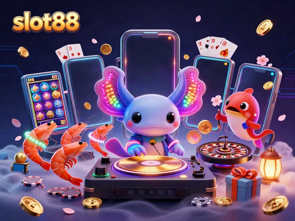 Slot88 menampilkan DJ axolotl neon yang energik berputar dengan permainan slot, memancarkan kegembiraan kasino.