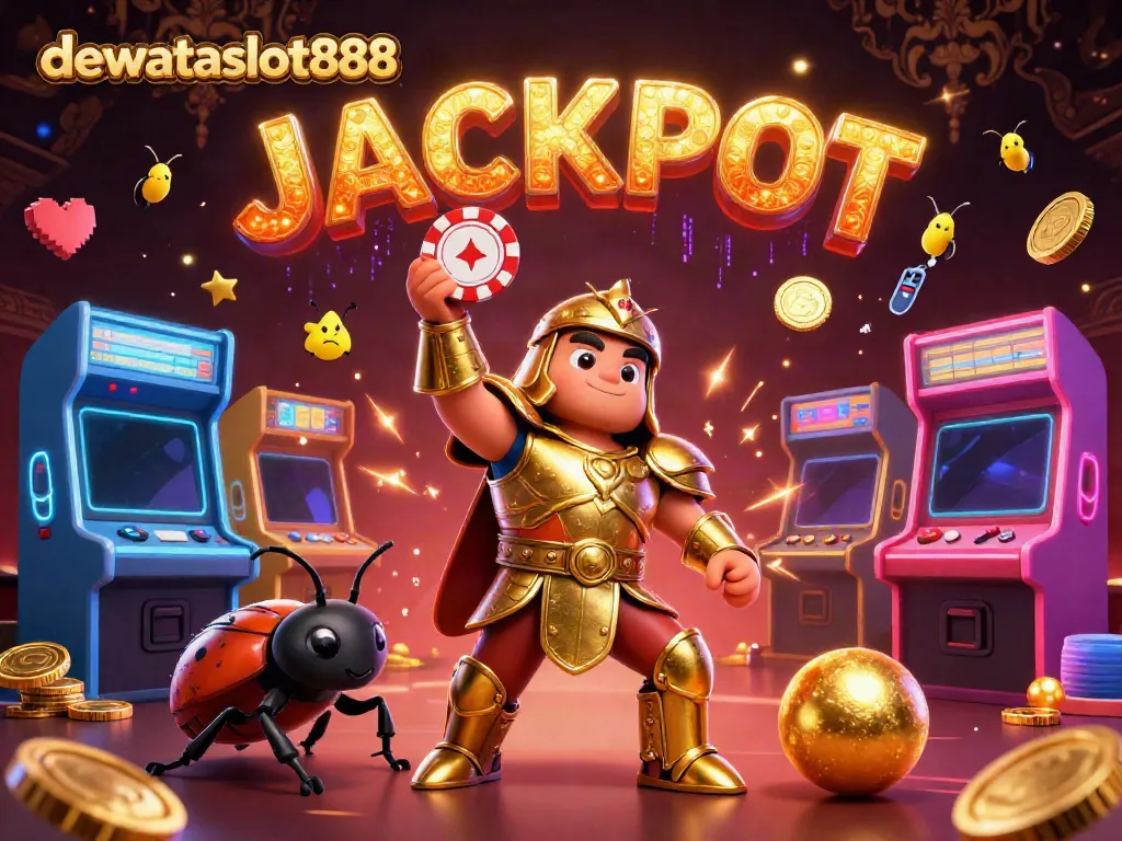 Permainan slot di dewataslot888 menggoda dengan kemenangan jackpot saat hercules beetle merayakan dengan chip poker.