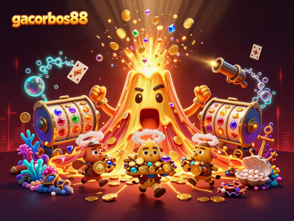 Engage with gacorbos88 through thrill-seeking visuals of a winning slot volcano scene.