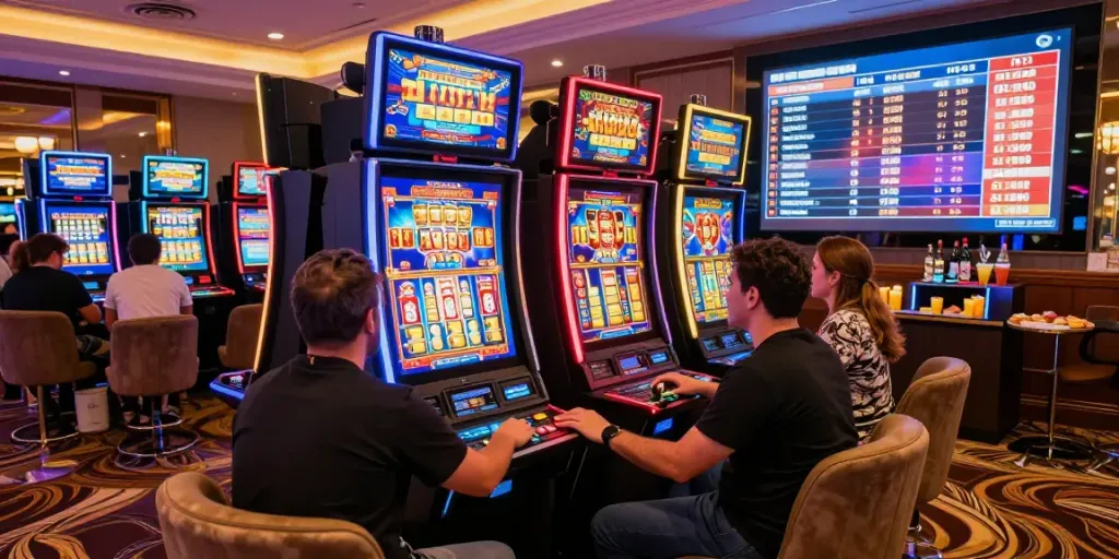 Players enjoying the lively atmosphere of slot888 games in a vibrant casino setting.