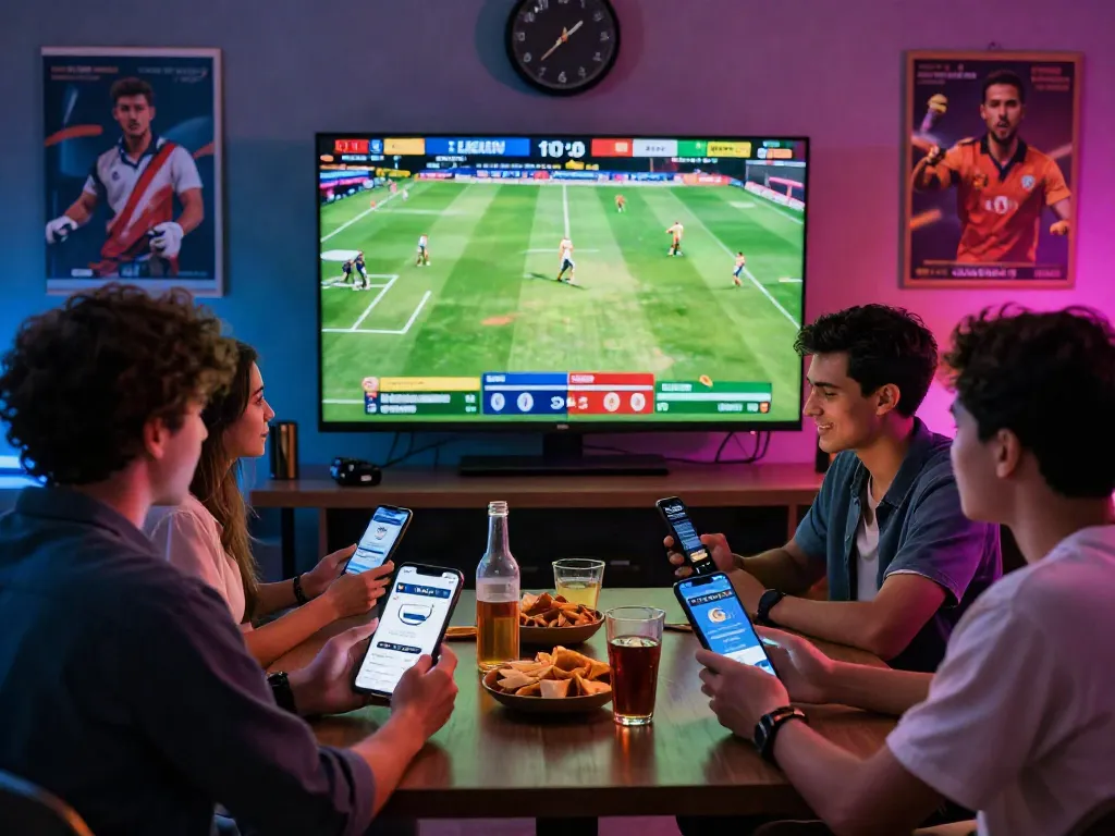 Engaging lotus365 betting scene with friends enjoying live cricket, football, and tennis matches in a vibrant atmosphere.