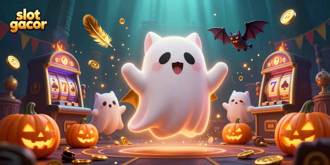 Play slot gacor in a vibrant casino scene featuring a ghost cat, vampire bat, and glowing jack-o-lanterns.