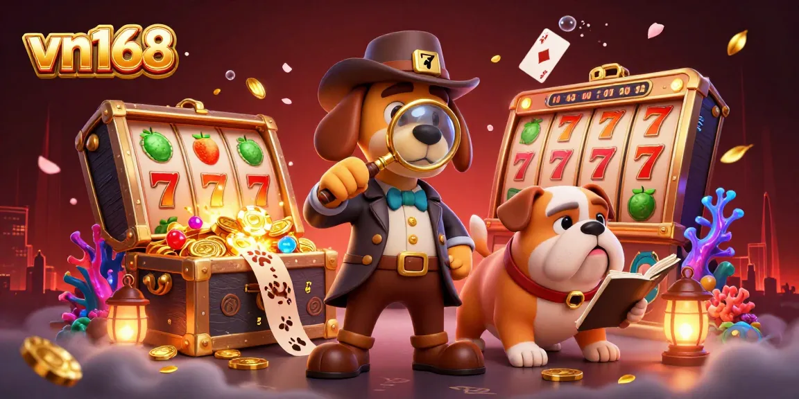 Experience thrilling slots gameplay with vn168's vibrant night scene featuring a detective and bulldog amidst golden treasures.