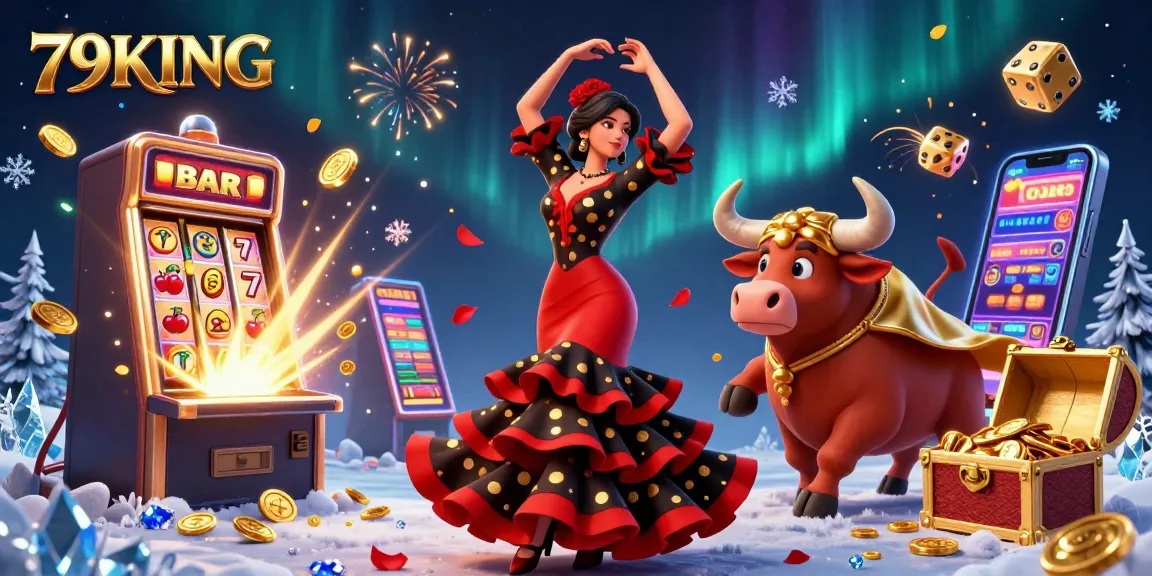 Experience thrilling jackpots at 79KING with a dazzling scene of slot machines and festive gaming elements.