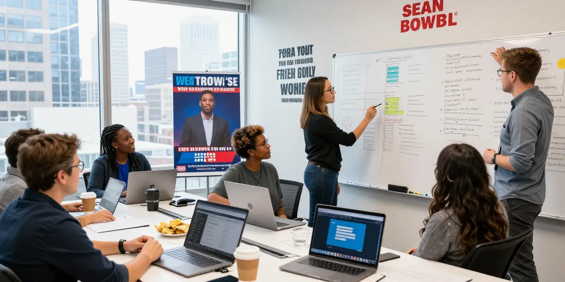 Campaign team collaborating in an office for seanbowieforaz.com, showcasing strategy and community engagement.