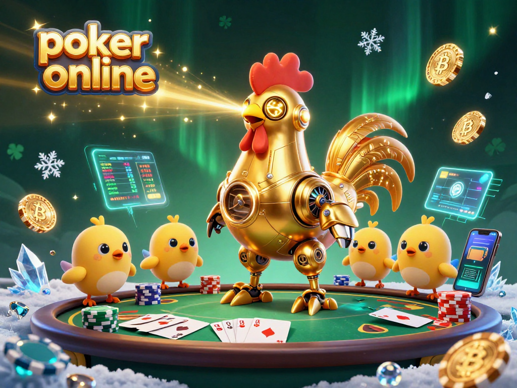 Poker online dengan robot ayam emas dan drone anak ayam, meriah dengan elemen kasino.