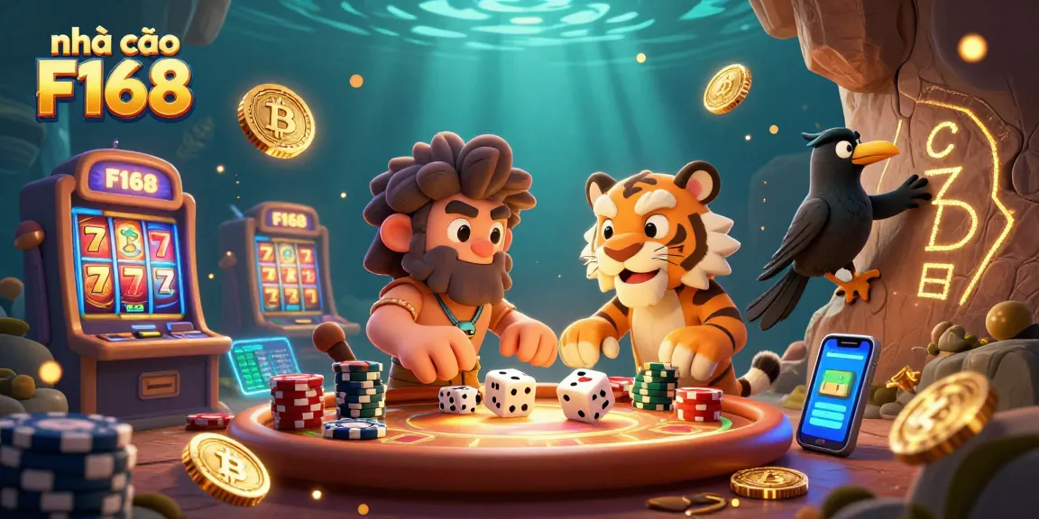 Experience the excitement at nhà cái F168 with a vibrant casino scene featuring engaging characters and thrilling slot machines.