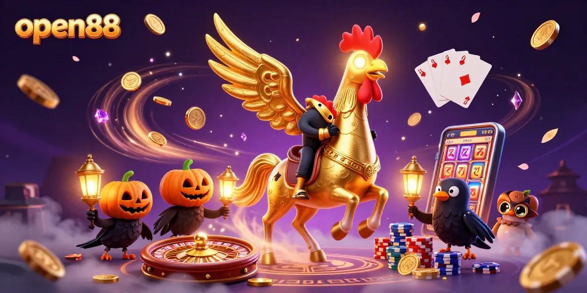Experience thrilling gameplay with open88's vibrant 3D golden rooster in a dazzling casino scene.