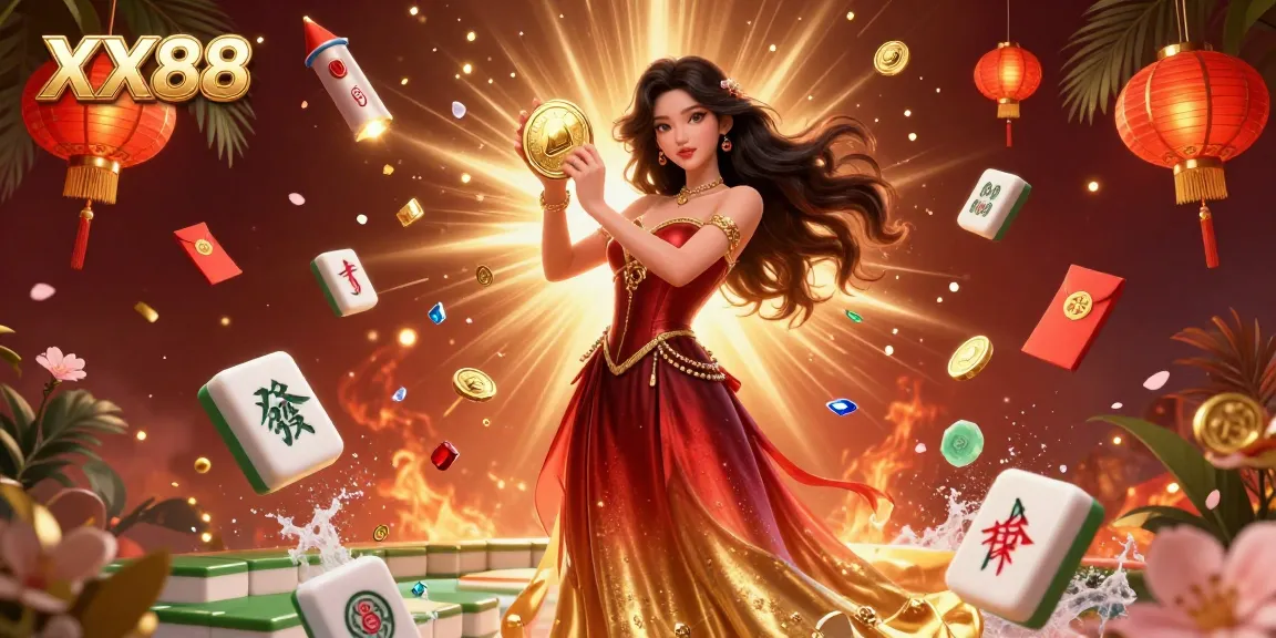 Engage with the excitement of XX88 as a stunning Asian woman symbolizes fortune with golden coins in a vibrant casino setting.