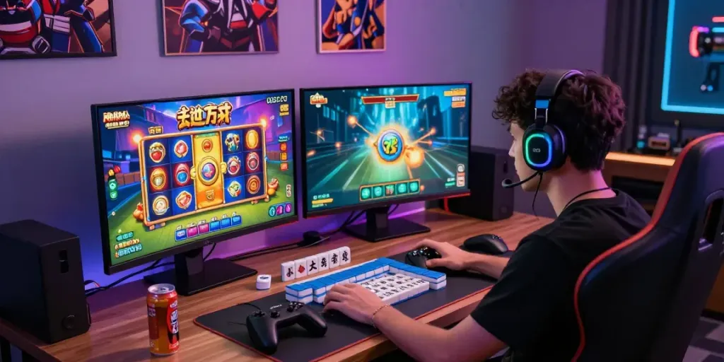 Pengguna bermain game slot Mahjong Ways 2 di setup gaming modern dengan monitor melengkung.