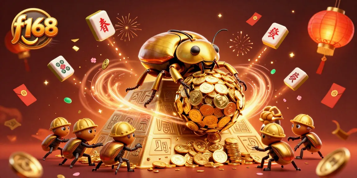 Experience the excitement of f168 as golden beetles roll treasure towards victory amidst vibrant symbolism.