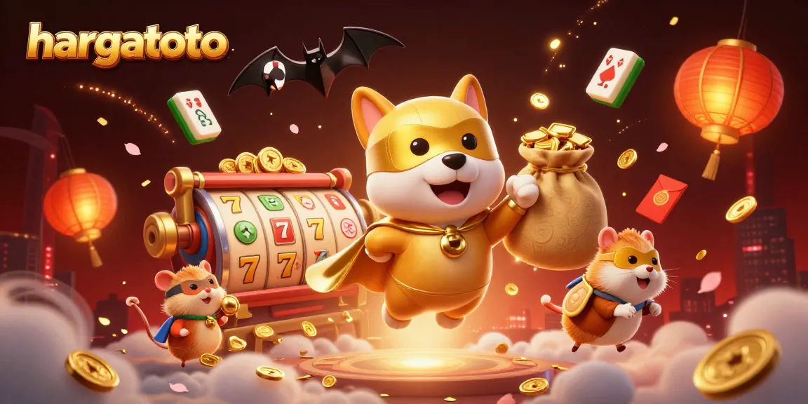 hargatoto showcases an exhilarating 3D scene of a superhero dog flying with gold coins, surrounded by vibrant casino elements.