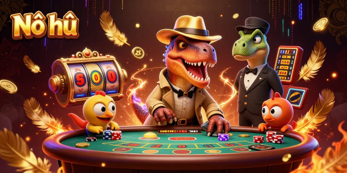 Nổ hũ slots scene with a velociraptor card counter, stegosaurus pit boss, and dynamic game elements.